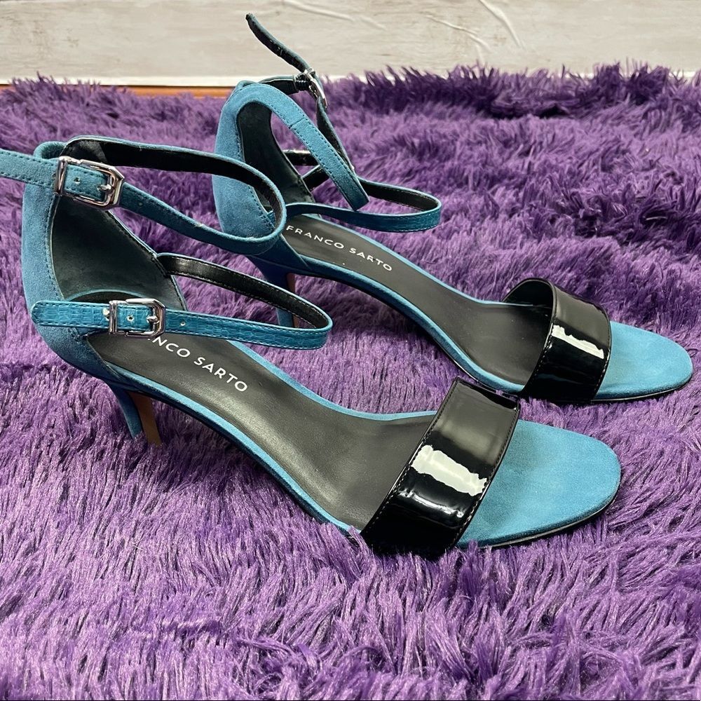 Franco Sarto Double Ankle Strap Stiletto Heel Blue Suede & Black Patent Leather